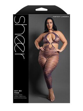 Fantasy Lingerie Dark Purple Footless Teddy Bodystocking Queen Size Mesh